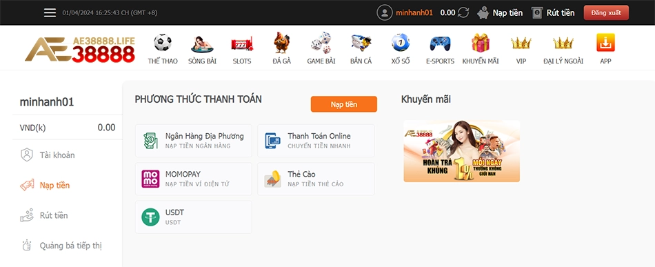 phong phú Đa dạng các phương thức nạp tiền AE38888 phổ biến
