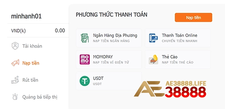 hỗ trợ Giao dịch nạp rút tiền an toàn, tiện lợi 24/7 ae38888