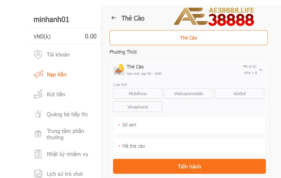 cách Nạp tiền AE38888 bằng thẻ cào điện thoại